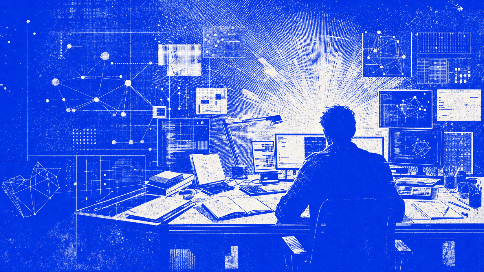 Ink illustration of a founder at a workstation surrounded by diagrams and terminal windows.